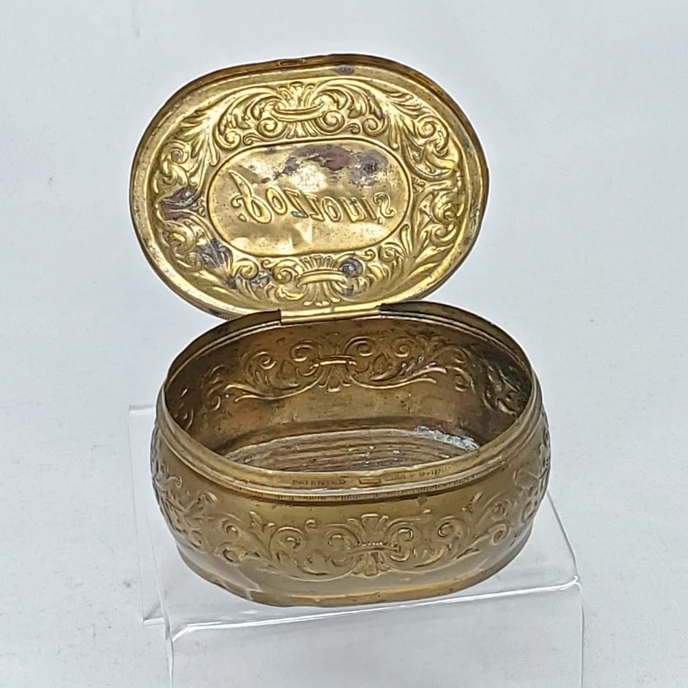 Antique Pozzoni's 1912 Brass Powder Puff Tin Box Embossed Lidded Trinket Dresser